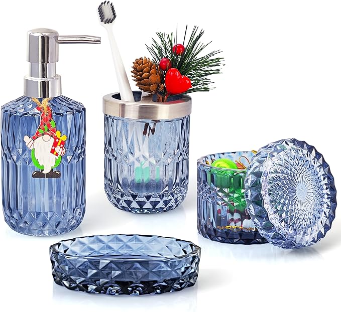 LaMarriti Blue Bathroom Accessories Set, 4Pcs Clear Glass Bathroom Accessories, Lotion Soap Dispenser Set, Toothbrush Holder, Qtips Holder, Soap Dish for Crystal Modern Bath Decor, Set