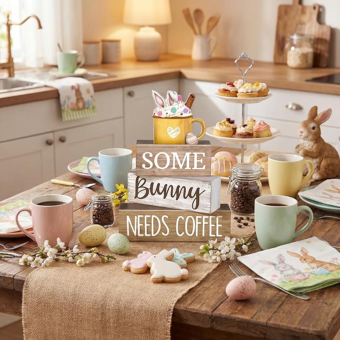 Moucuny 4 Pcs Easter Table Decorations Wooden Coffee Bunny Tiered Tray Decor Happy Easter Centerpiece for Tables Decorative Rabbit Block Signs Gifts Farmhouse Rabbit Decor for Home Kitchen Shelf