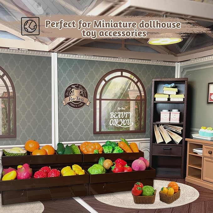 180Pcs Mini Shopping Cart Playset - Pretend Grocery Dollhouse Accessories Toys with Miniature Cash Register, 2 Fruit-Veggie Stands, 3 Shelves, 100+ Play Food - Educational Role Play Toys for Toddlers