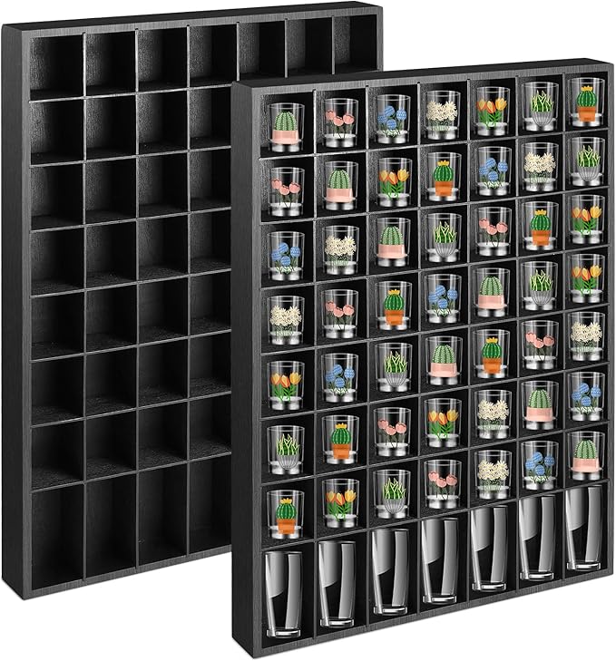 2 Pcs Large Wooden Shot Glass Display Case with Removable Shelves, Wall Mounted Shadow Box, 56 Slots