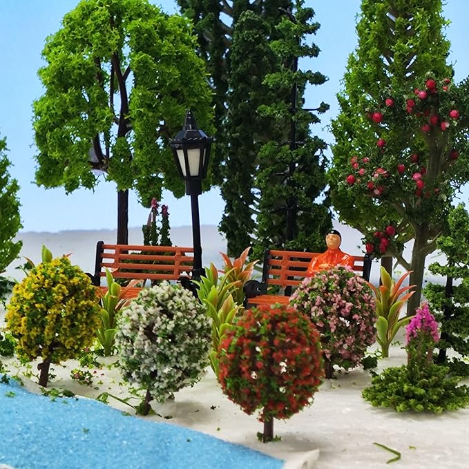 QuarenDen Model Scenery Kit, 47pcs, Painted Figures, Model Train Scenery, Miniature Trees, Model Trees, Model Grass Mat for Miniature Scene Landscape