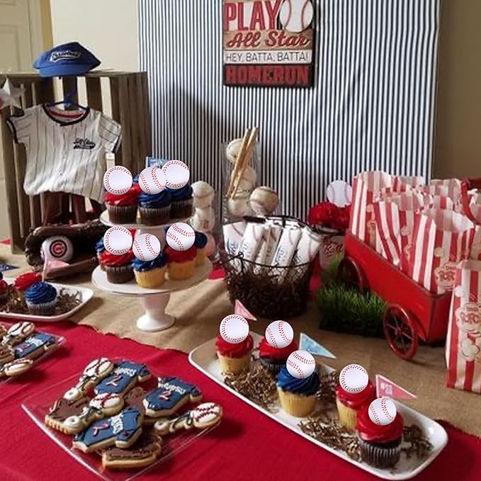 Rsstarxi 12 Pack 3D Baseball Cupcake Toppers for Sports, Baby Shower & Kids Birthday Parties