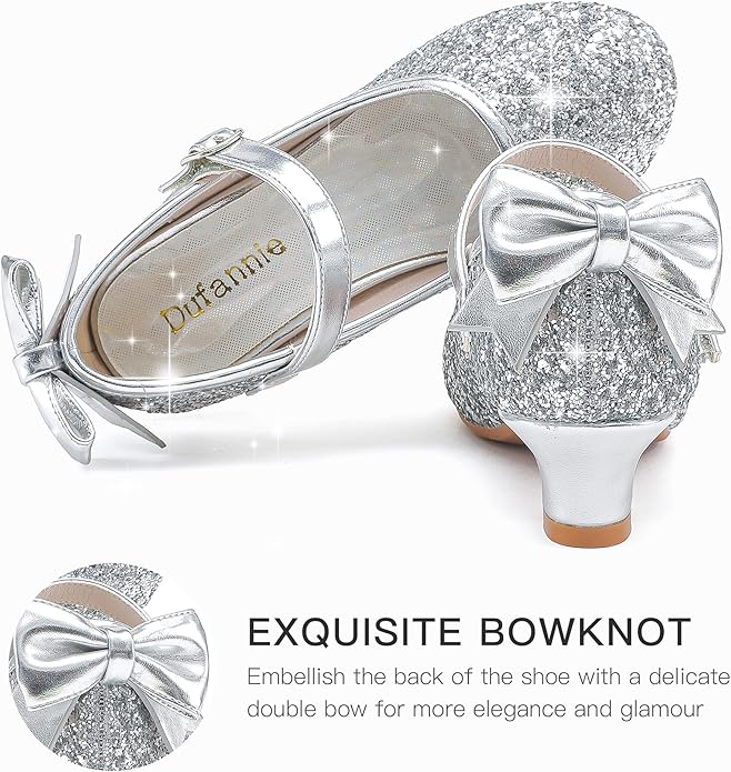 Dufannie Girls Dress Shoes Low Heel Princess Flats Mary Jane Flower Wedding Party Glitter Shoes for Kids Toddler