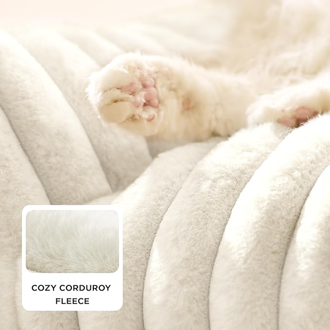 Bedsure Cute Cat Couch for Pets - Fluffy Cat beds with Premium Soft Corduroy Fleece, Fuzzy Cats beds for Indoor Cats with Removable Washable Cover, Supportive Pet Sofa, 24inch, Cream