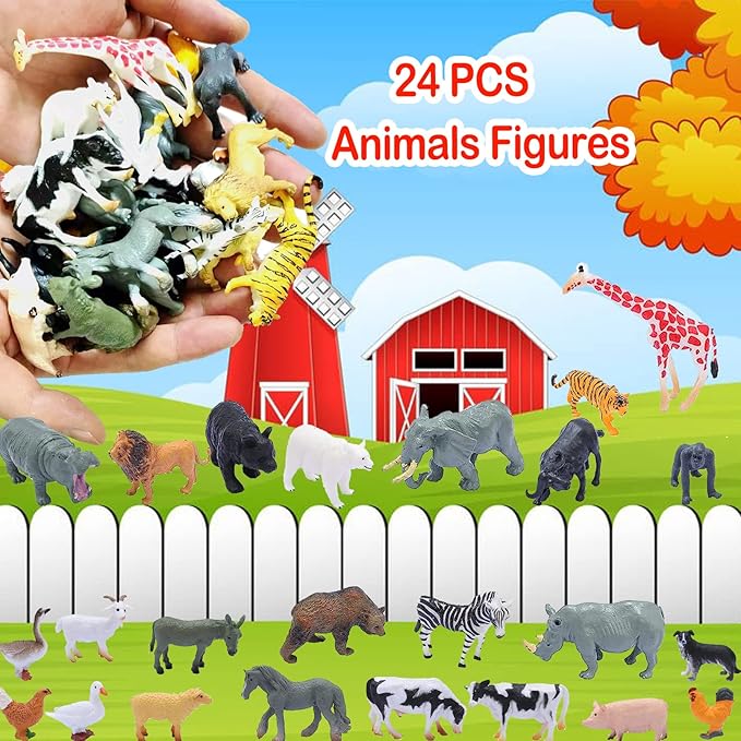 24PCS Animals Figures,Realistic Jungle Animal Figurines,Mini Farm Plastic Safari Animal Figures Set,Wild Zoo Animals Learning Educational Toys Cake Toppers Birthday Gift