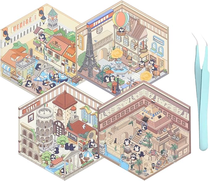 DIY 3D House Scene Stickers, 4 Set Cartoon Cute Penguin in Paris Venice Egypt Italy Relaxing Stickers, Fun Miniature Room Stickers for Adults, Kids, Relief Stress, Pass The Time