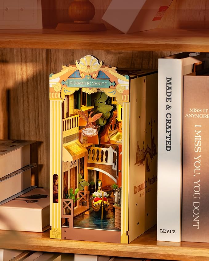 ROBOTIME Book Nook Kit with Dust Cover DIY Miniature House with LED 3D Wooden Puzzle Booknook Bookshelf Insert Decor Bookend Model Craft Hobby Gift for Teens and Adults (Romantic Venice)