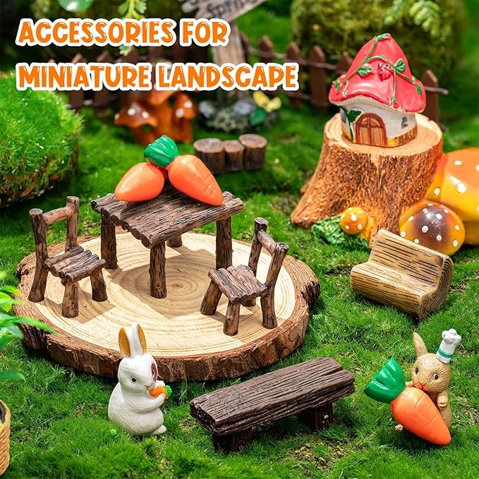11Pieces Fairy Garden Furniture Ornaments Miniature Table and Chairs Set Village Micro Resin Bench Chair Kit for Dollhouse Accessories Home Micro Landscape Decoration (Vintage Style)
