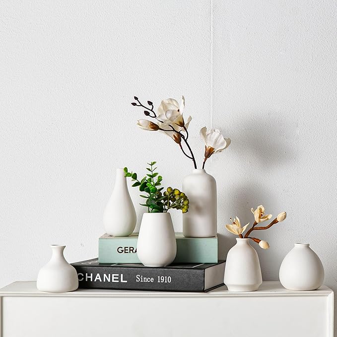 White Ceramic Bud Vase Set of 11, Small Vases for Pampas Grass, Flowers, Mini Vases for Modern Home Decor, Minimalist Decor, for Living Room, Dining Table & Shelves