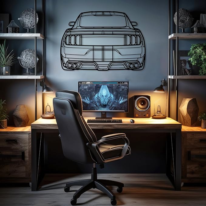 DecoSoul Mustang Metal Car Wall Art, Sports Car, Automotive Silhouette Line Decoration, Minimalist Sculpture for Garage, Indoor Outdoor Wall Hanging, Gift for Boyfriend (Black - 55 x 15.1” inch)