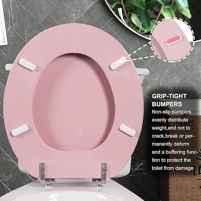 Pink Round Toilet Seat Natural Wood Toilet Seat with Zinc Alloy Hinges, Easy to Install also Easy to Clean, Scratch Resistant Toilet Seat by Angol Shiold (Round, Pink)