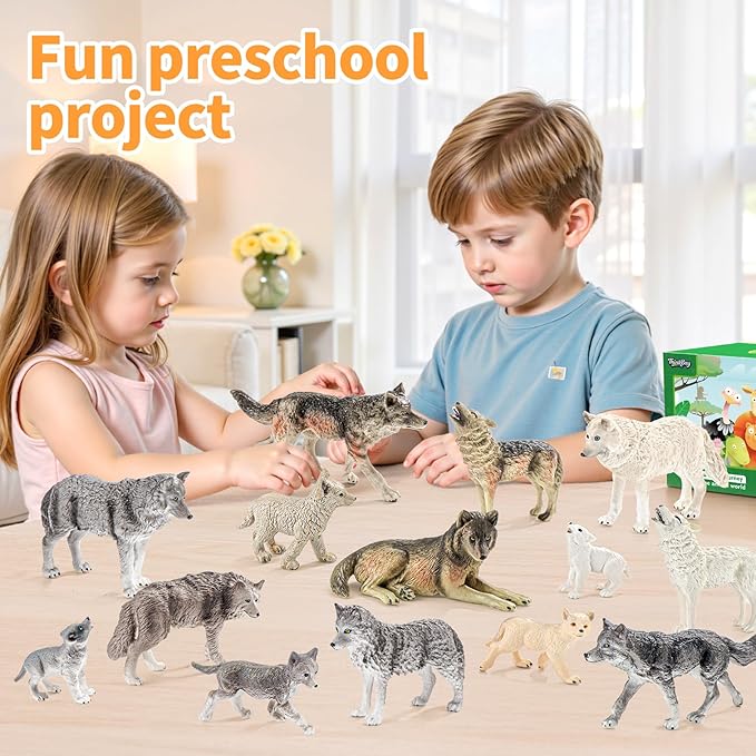 14PCS Wolf Toy Animal Figurines, Realistic Plastic Zoo Safari Animal Toys for Toddlers 3 4 5 6 7, Forest Wolf Animals Figures, Educational Toy Cake Toppers Birthday Gift for Kids Boys Girls