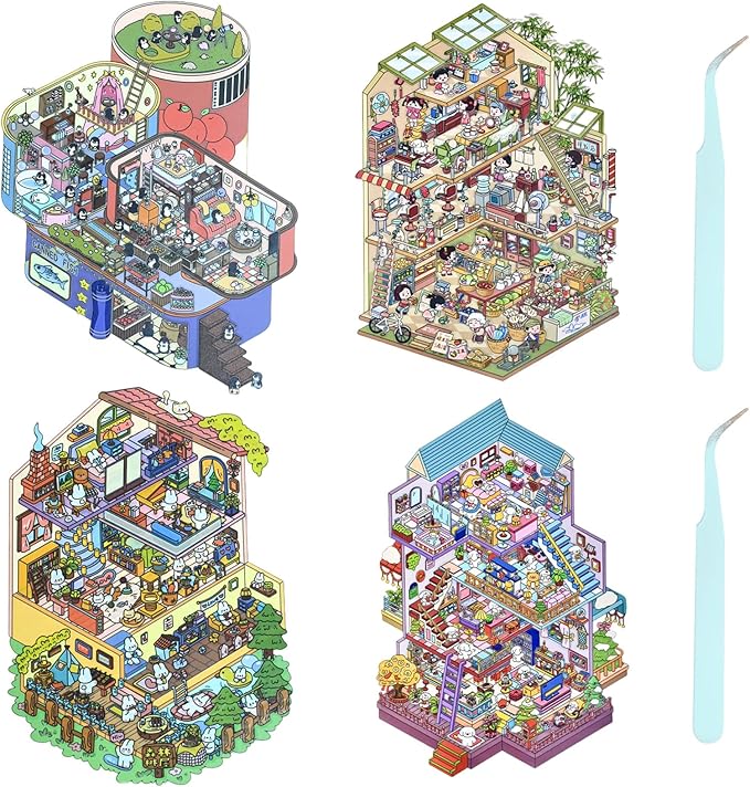 DIY 3D Sticker Scene, 4 Sets Fun DIY 3D House Stickers, Make Your Own Mini Room Scenes, Cute Cartoon 3D Miniature Scene Stickers Book, 3D Sticker Therapy for Adults Kids Relief Stress Pass The Time