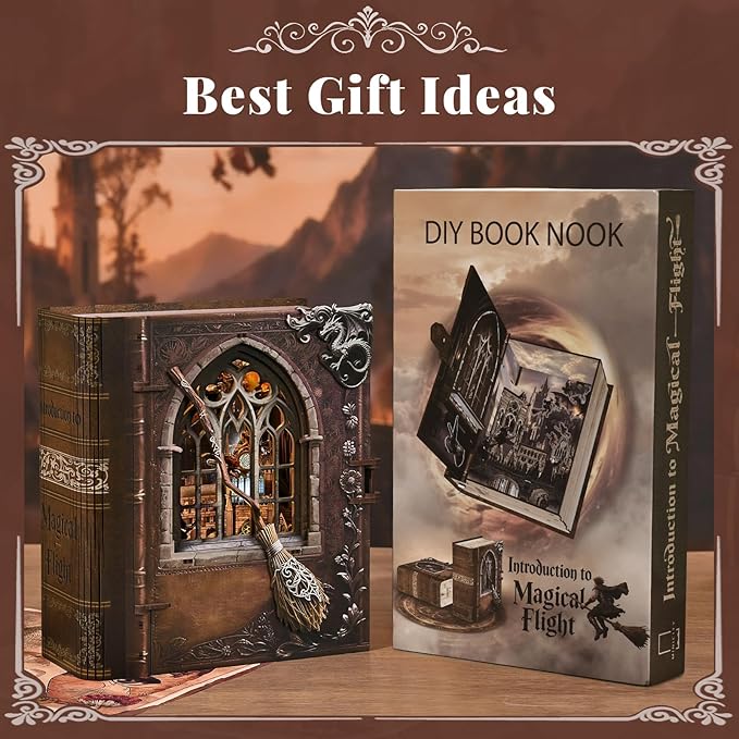 Book Nook Kit, DIY Miniature Dollhouse Magic Book for Adults and Teens, 3D Wooden Puzzle Bookends with Sensor Led Light, Gifts for Family, Friends (Introduction to Magical Flight)