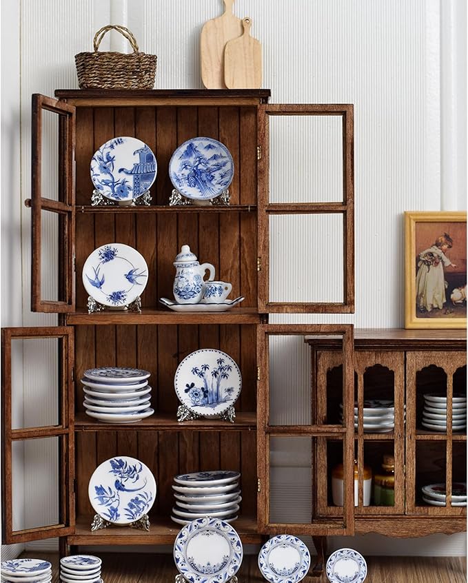 6PCS Handcrafted Miniature Ceramic Plates in 1:12 or 1:6 Scale, Vintage Porcelain Playhouse Dishes (Blue-White C, 2.3CM)