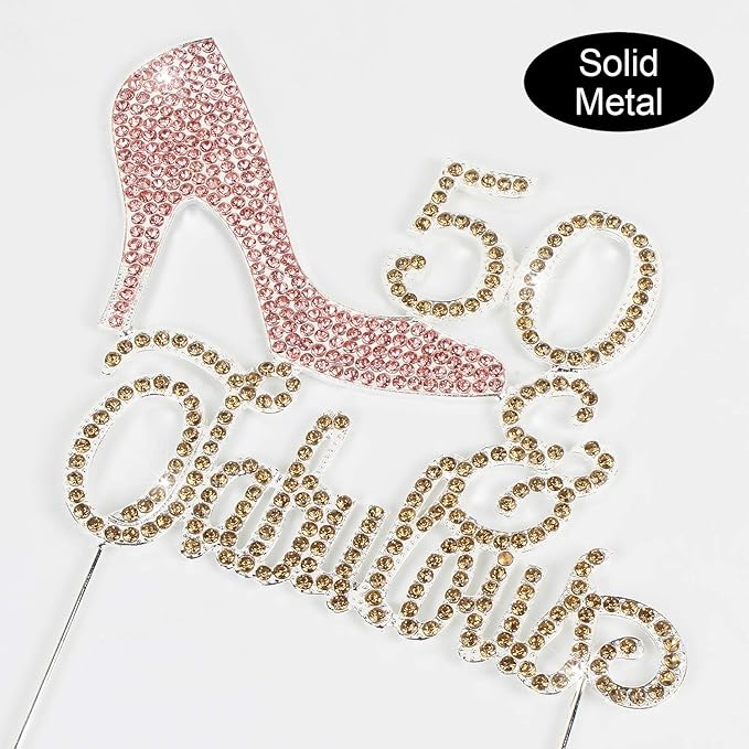 LINGTEER 50 Fabulous Pink High Heel Rhinestone Crystal Cake Topper Perfect for 50th Birthday Anniversary Party Keepsake Sparkle Decoration