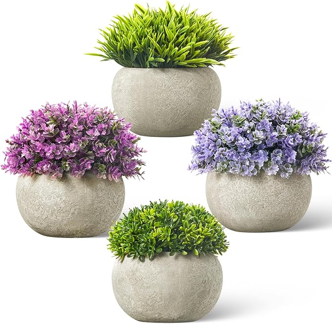 Dominow Mini Artificial Plants in Pots, Set of 4 Small Fake Plants for Home Decor Indoor, Realistic Greenery Faux Potted Plant for Office Desk, Bathroom, Shelf, or Table Decoration