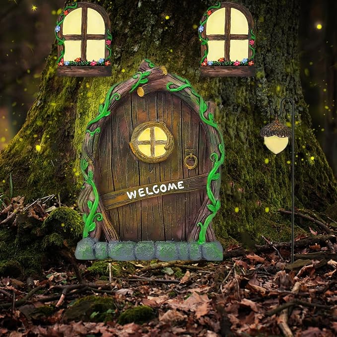 Jauay Miniature Fairy Garden Accessories: Glow in The Dark Fairy Door and Windows for Trees, Green Resin Garden Ornament with Lantern