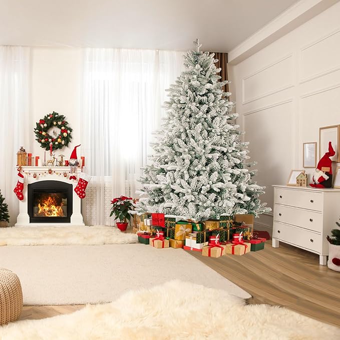 Incbruce 7ft Artificial Christmas Tree, Xmas Tree with 1,000 Branch Tips, Flocked Christmas Tree with Metal Stable Stand Base for Indoor and Outdoor Holiday Decoration(White)