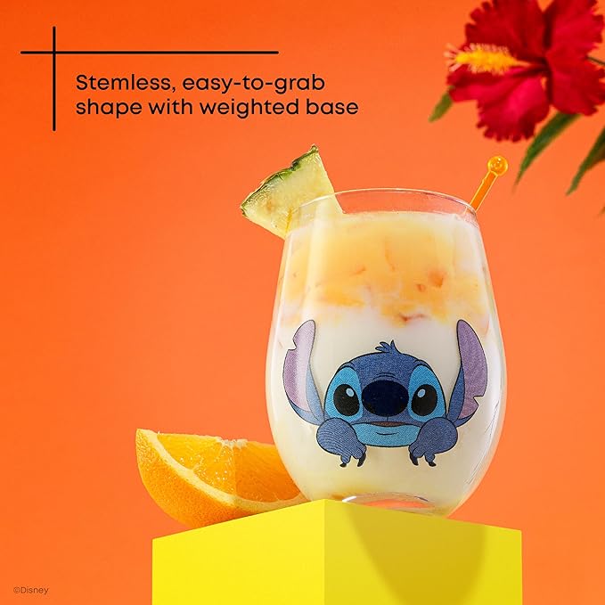 JoyJolt Disney Stitch Silly Sips Stemless Drinking Glasses, 19oz Teardrop Glass Cups, Glass Tumbler Cup Set of 4, Stitch Stuff, Lilo and Stitch Gifts, Disney Gifts for Adults