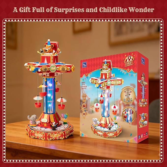 PANTASY Circus Paradrop Building Block Set, Retro Carnival Display Model with LED Lights, Motorized Moving Ride, Colorful Star Columns, Magic Box Teddy Bear, Type-C Powered Interactive Adult Collector