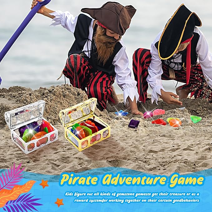 MARFOREVER 18 Pcs Big Diving Gem Pool Toys - 16 Colorful Sinking Diving Gems Underwater Crystals Swim Pool Toys with 2 Treasure Chest Pirate Boxes Acrylic Gemstones Set for Summer Party Favors
