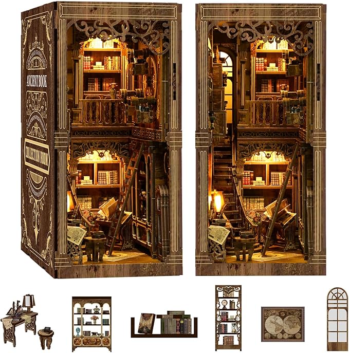 Book Nook Kit for Adult Miniature Model Build Dollhouse Kit 3D Wooden Puzzle with Sensor Led Light for Bookshelf Bookend Decor Adults Teen Craft(Classical Book Collection Room), 1Pack