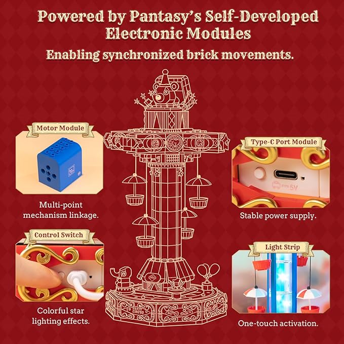 PANTASY Circus Paradrop Building Block Set, Retro Carnival Display Model with LED Lights, Motorized Moving Ride, Colorful Star Columns, Magic Box Teddy Bear, Type-C Powered Interactive Adult Collector
