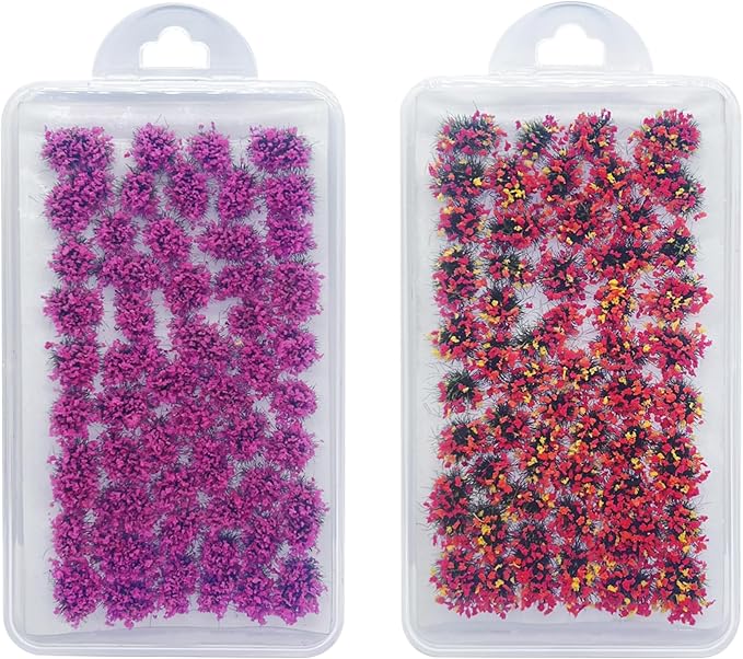 Woohome 2 Pack Miniature Colorful Flower Cluster Self Adhesive Flower Vegetation Groups Pink Orange Static Grass Tufts for Train Landscape Railroad Scenery Sand Military Layout Model