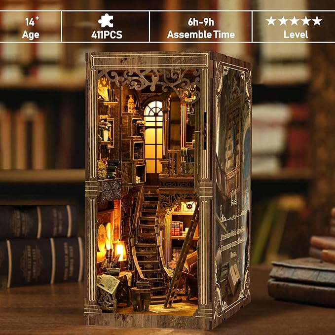 3D Wooden Puzzle Gift for Adults & Teens: Tiny House Book Nook DIY Miniature Dollhouse Model Kit with LED Lighting