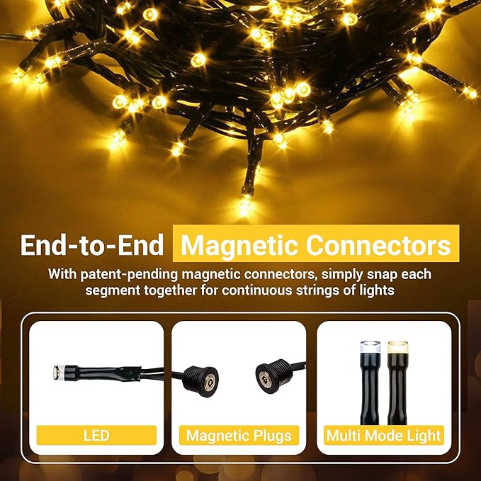Lightacles Magnetic Christmas Lights - 60ft LED String Lights with Quick Connect - Indoor Plug in - Warm & Bright White - New Years Eve Decorations