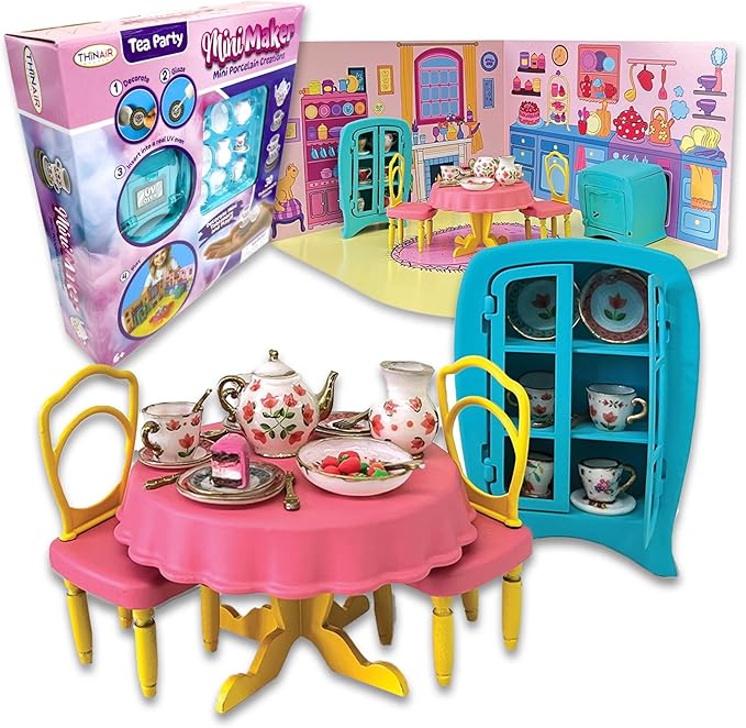 Mini Maker Tea Party Creations – Paint Your Own Tea Set with UV Oven – DIY Ceramic-Like Craft Kit for Girls – Decorate 30 Tableware Pieces, Decals & Glaze – Ages 6+
