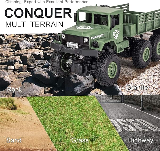 XINGRUI 1:18 RC Military Truck, 50 Min Playtime Remote Control Car, 2.4Ghz 4WD Off-Road Vehicle, All Terrain Toy with LED Lights, Gift for Boys Girls Ages 6+