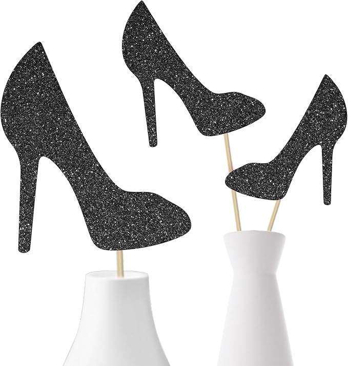 High Heel Centerpiece Sticks Lady Birthday Wedding Table Decorations 12PCS Glitter Black High Heels Table Toppers Makeup Night Table Centerpieces for Women Bridal Shower Bachelorette Party Supplies