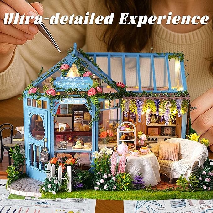 Flever Dollhouse Miniature DIY House Kit Creative Room with Furniture for Romantic Artwork Gift-Rose Garden Tea House