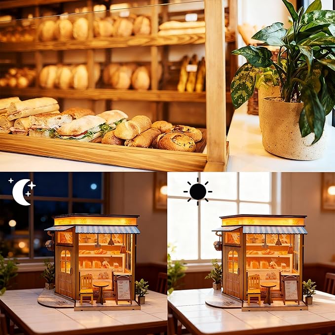 DIY Miniature House - LED Lighting Book Nook Kit Dollhouse Kit for Adults and Teens, Book Nook Tiny House Bookshelf 3D Wooden Puzzle, Gifts for Family Friends (Bakery)