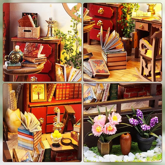 DIY Book Nook Kit, Beginner 3D Puzzle Wooden Book Nook, Dollhouse Kit, with Furniture and LED Light, Accessories Educational Toys, for 14+ Teens and Adults Building