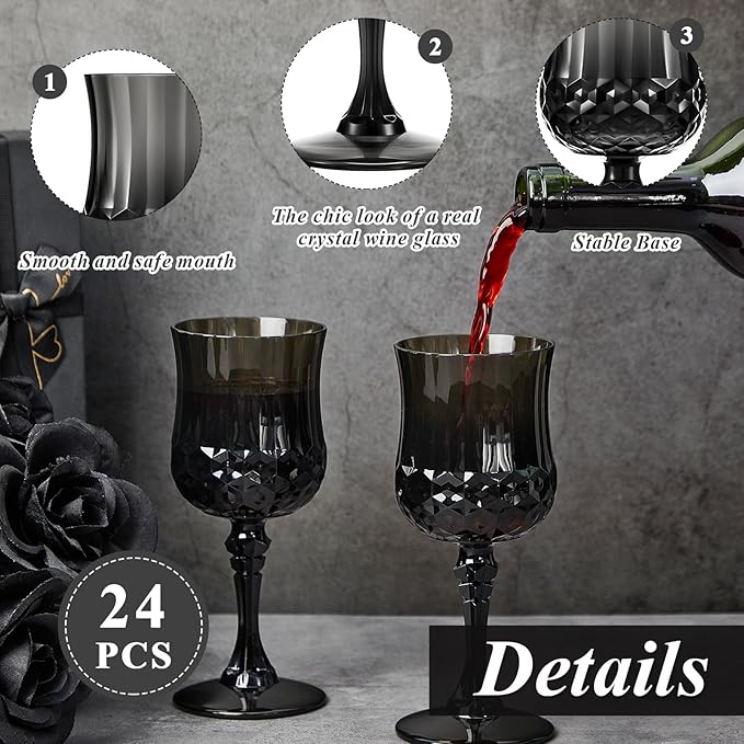 Pinkunn 24 Pcs 7 oz Plastic Vintage Wine Glasses Reusable Colored Goblets Patterned Drinking Water Glasses Cup Dishwasher Safe for Valentine's Day Wedding Reception Party Supplies (Black)