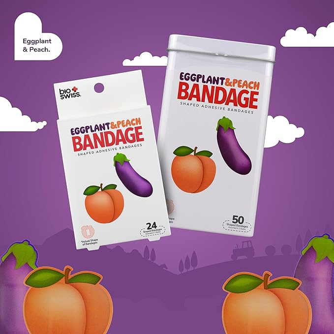 BioSwiss Funny Bandages, Eggplant and Peach Shaped Adult Novelty Self Adhesive Bandage Set, Latex Free, Sterile Wound Care, 24 Count