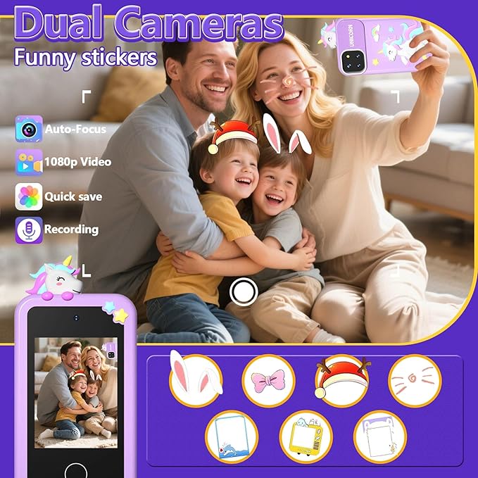 BEBESIRI Kids Camera Mini Smartphone Toy for Girls, 2.8" Touch Screen, 22 Learning Games, Dual Camera, Music Player, 32GB Card, Christmas Birthday Gift, (Purple Unicorn)