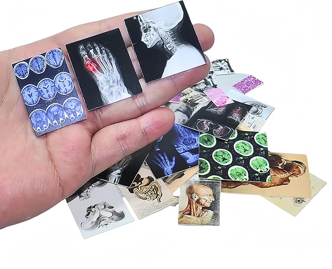 57 Pcs 1/6 Scale Miniature Vintage Medical Posters - Realistic Mini Things Anatomy Charts (X-Ray, Surgery, Microscope) for 11.5-Inch Fashion Dolls - Dollhouse Accessories for Decor and Play