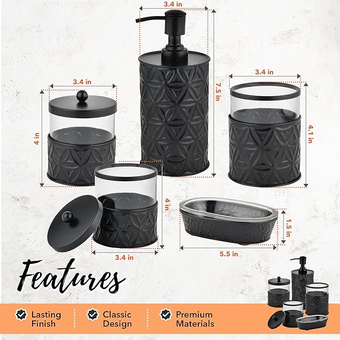 Autumn Alley Black Bathroom Accessories Set, 5 Pieces, Bathroom Decor - Black Soap Dispenser Bathroom Lotion Dispenser, Metal Toothbrush Holder, 2 Glass Apothecary Jars (Qtip Holder), Soap Holder