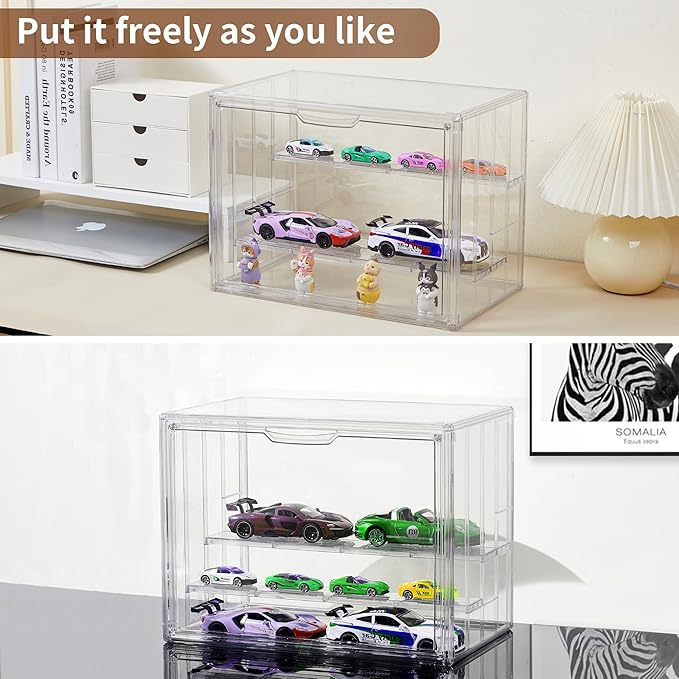 Display Case for Collectibles 4 Layer Updated Adjustable Acrylic Display Case with Magnetic Door Clear Stackable Display Box Hobby Display Cases for Figures, 2 Pack