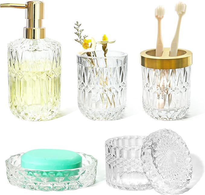 LaMarriti Glass Bathroom Accessories Set, 5pcs Crystal Clear Bathroom Set Accessories, Soap Dispenser, Toothbrush Holder Set, Soap Dish, Tumbler, Qtips Holder for Vintage Bathroom Decor, Gift Set