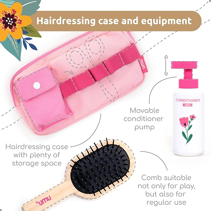 umu® Wooden Hair Salon Playset – 17 Pcs Pretend Hairdressing Toy with Hair Dryer Straightener Mirror Comb & Accessories – Little Woman Design Beauty Role Play Toy for Girls Ages 3 4 5 6