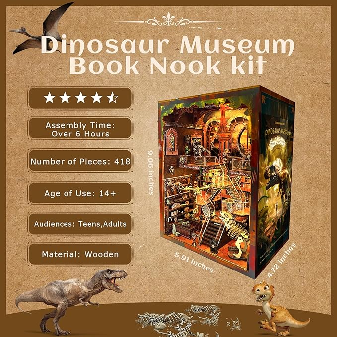 Book Nook Kit - DIY Booknook for Dinosaur Museum 3D Wooden Puzzle with LED Light, Stunning Bookshelf Decor, for Holidays, Birthdays & Home Libraries