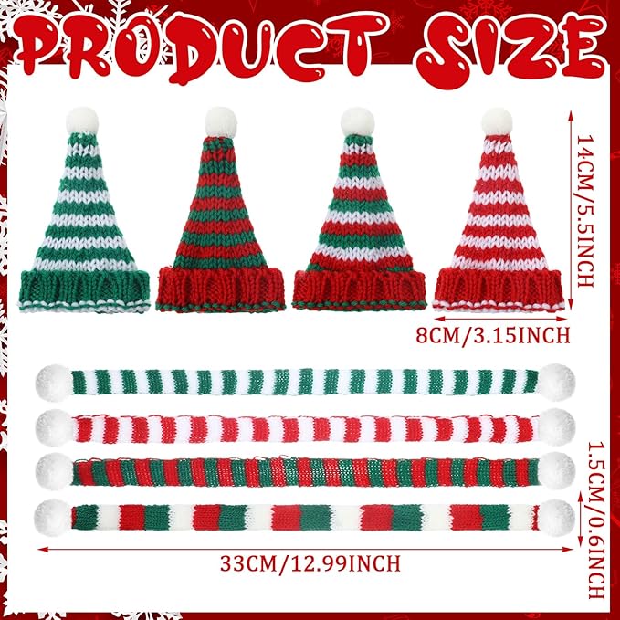 Geyoga 16 Pcs Mini Knit Doll Hat Valentines Day Small Santa Hat for Craft Winter Mini Snowman Hats and Scarf Tree Ornaments Snow Stripe Heart Wine Bottle DIY Decor Gifts