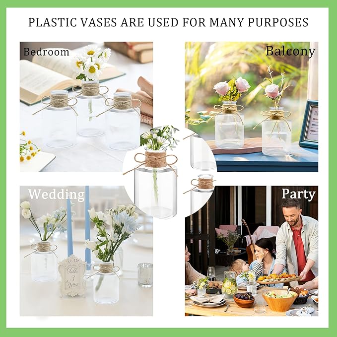 24PCS 4.7 inch Small Plastic Vases Base para Blores Baturales Transparent Short Cylinder Flower Bud vases Bulk centerpieces for Tables for Parties, Weddings & Home