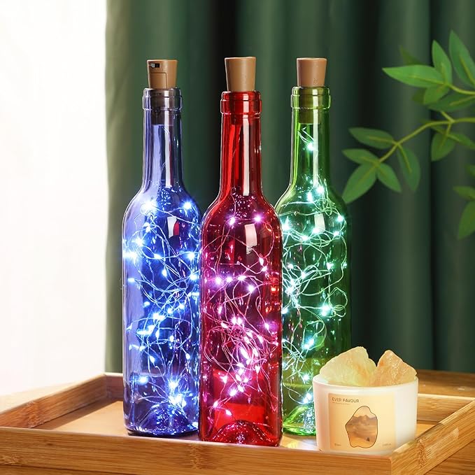 Rtteri 12 Sets Small Empty Wine Bottles with Cork Lights Centerpiece and 30 LED Battery Operated Cork Lights for Birthday Wedding Party Decoration (375 ml,Colorful Bottle)