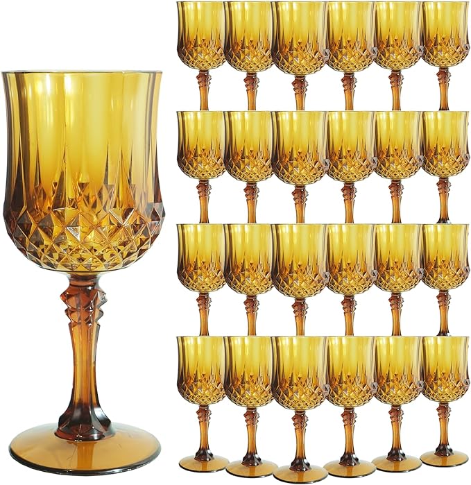 LEYIQU Plastic Wine Glasses, Plastic Goblets Vintage Style Cordial Drinking Glasses for Valentine’s Day, Wedding Reception, Grand Event Party Supplies (24, Amber)